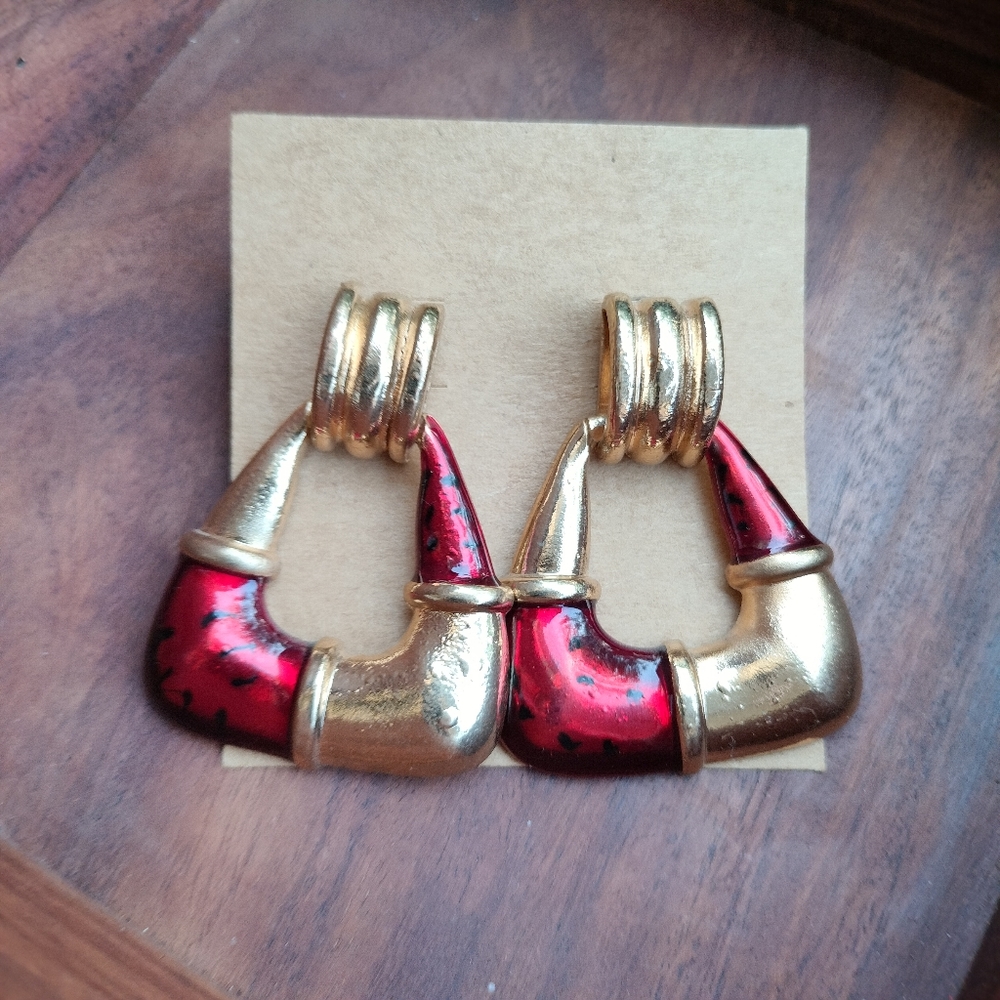 Gold and Red Statement Earrings - Picture 11 of 15